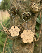 Personalised Wooden Dog Paw Name Engraved Keyring