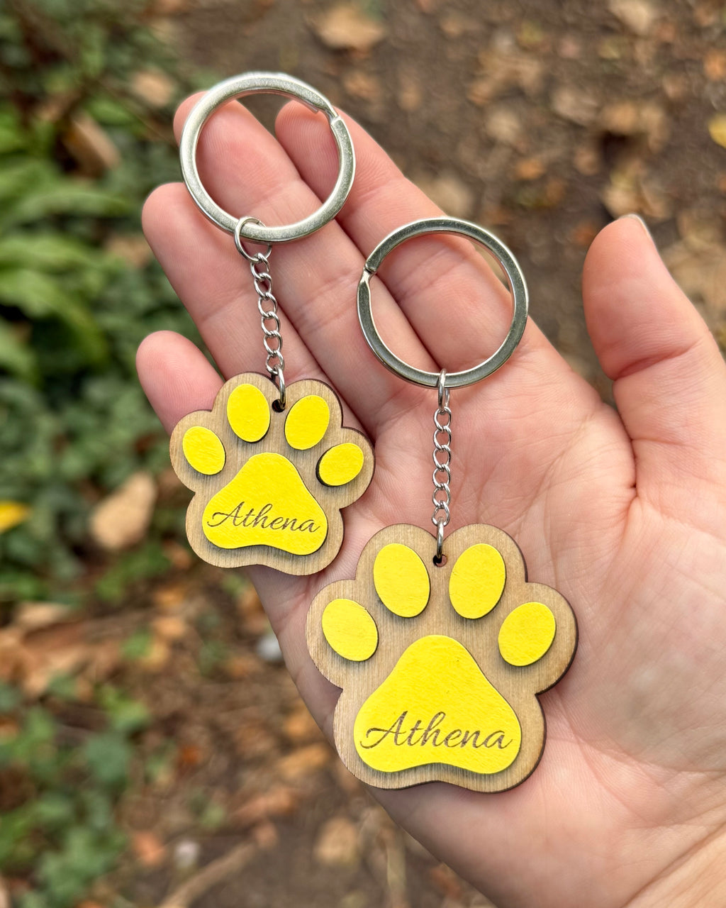 Personalised 3D Wooden Paw Name Engraved Keyring
