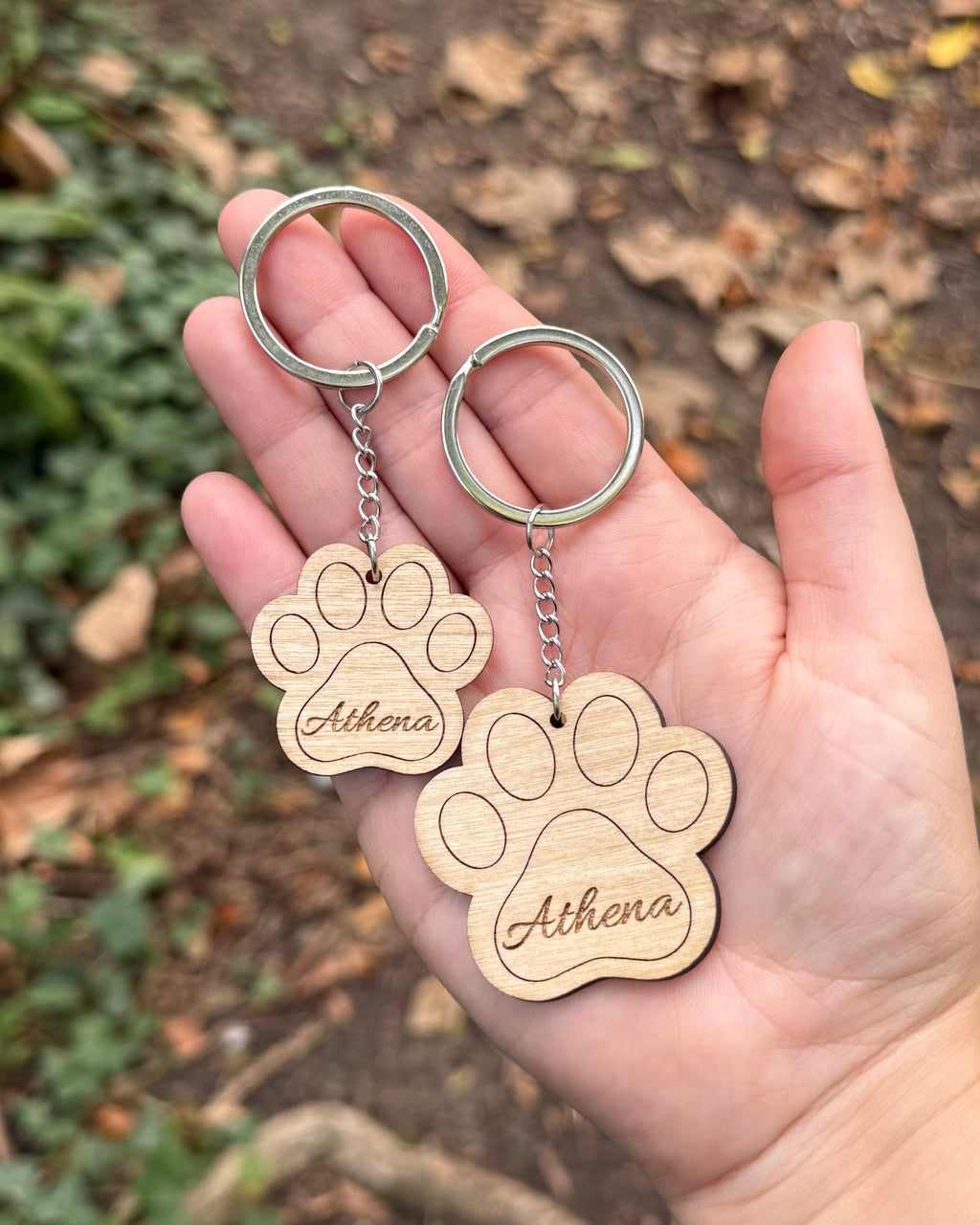 Personalised Wooden Dog Paw Name Engraved Keyring