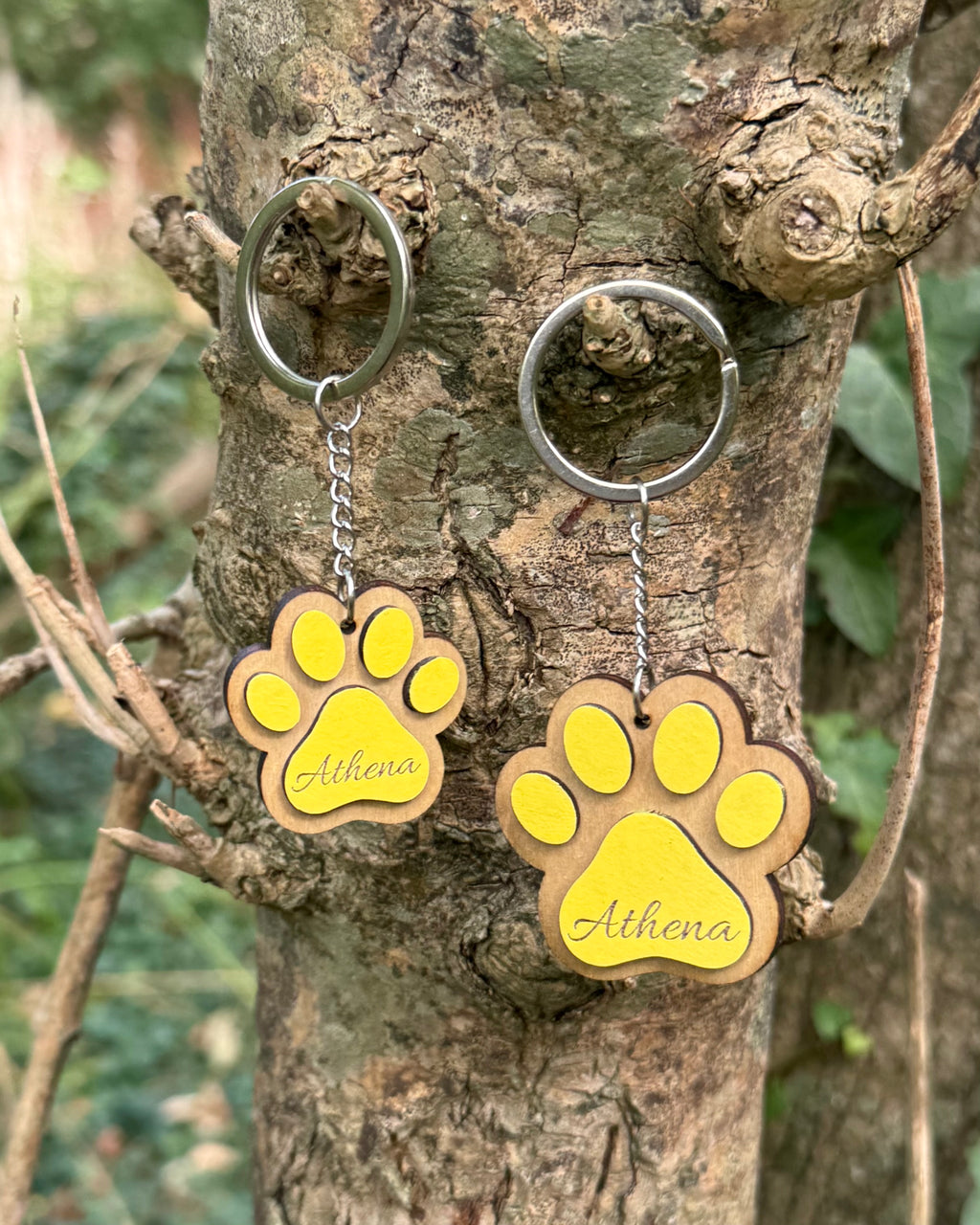 Personalised 3D Wooden Paw Name Engraved Keyring