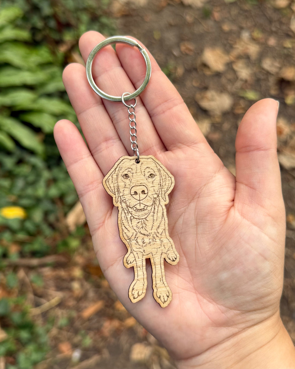 Personalised Custom Shape Wooden Full Body Dog Portrait Engraved Keyring